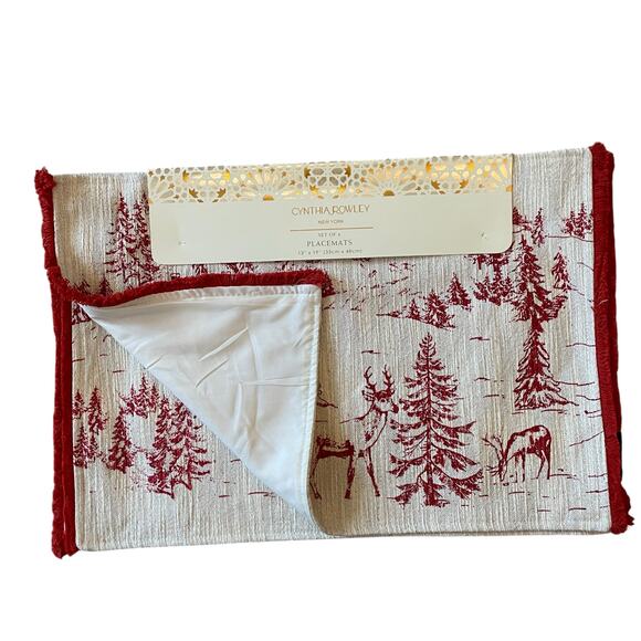 4pc Cynthia Rowley Winter Forest Christmas Placemats 13x19 Holiday Red Sparkle - Picture 2 of 12